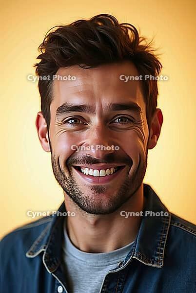 Studio portrait of cheerful young man with toothy smile exuding happiness and confidence, AI generated [IBR125653409]