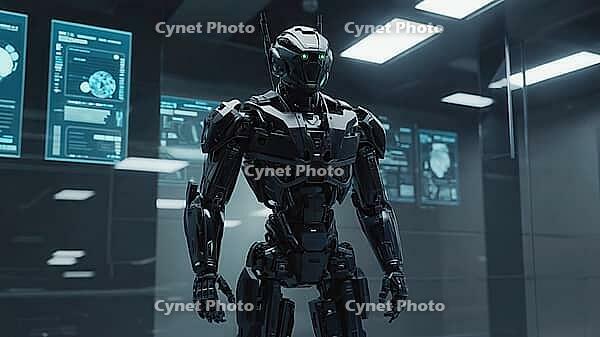 Futuristic military robot standing in laboratory analyzing data from holographic screens, concept of artificial intelligence and robotics, AI generated [IBR125653410]