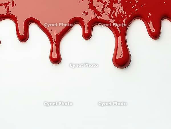 Thick, crimson paint dripping down a clean white backdrop, creating a vibrant and dramatic visual, AI generated [IBR125653413]