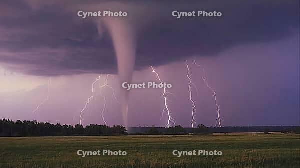 Dramatic scene of a tornado forming during a powerful thunderstorm, with lightning illuminating the sky over a field, AI generated [IBR125653416]
