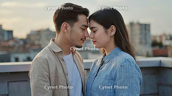 Romantic couple touching foreheads on a rooftop, savoring the warmth of the sunset and cherishing each other's presence in the city, AI generated [IBR125653417]