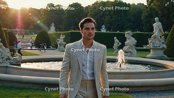 Elegant businessman walking gracefully near a stunning fountain in a formal garden adorned with statues during a picturesque sunset, AI generated [IBR125653418]