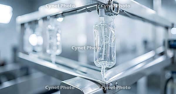 Infusion bags, IV solution, parenteral production, filling line, pharmaceutical manufacturing, industry, AI generated [IBR125653426]