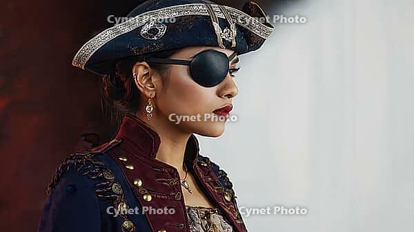 Studio portrait of a woman wearing pirate costume, eye patch and gold earrings looking away with intense expression, AI generated [IBR125653427]