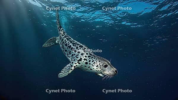 Harbor seal gliding gracefully underwater in deep blue waters, illuminated by gentle sunbeams filtering through the surface, AI generated [IBR125653428]