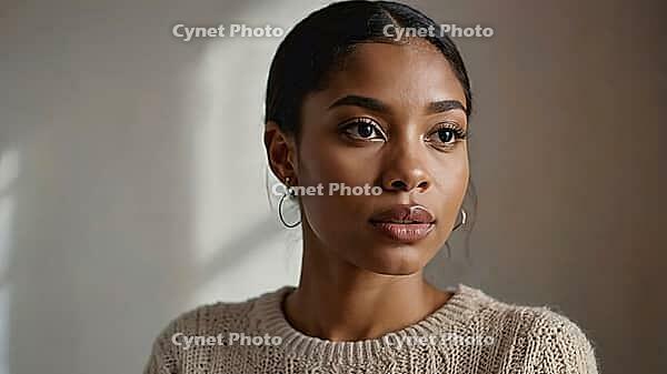 Portrait of a beautiful young woman with dark hair wearing a beige sweater, illuminated by natural light, looking away with a serious and pensive expression, AI generated [IBR125653429]