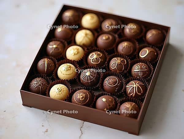 Gourmet chocolate pralines decorated with gold leaf patterns, presented in an elegant box, creating a luxurious confectionery experience, AI generated [IBR125653430]