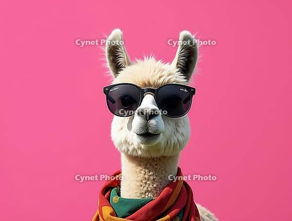 Stylish alpaca posing with sunglasses and colorful scarf against vibrant pink backdrop, AI generated [IBR125653432]