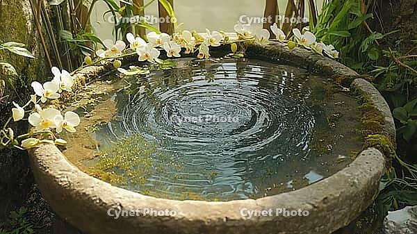 White orchids decorate a stone fountain with ripples in the water, creating a peaceful and zen atmosphere, AI generated [IBR125653435]