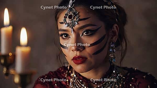 Young woman showcasing dark tribal makeup and elegant jewelry, posing gracefully in a studio surrounded by softly lit candles, AI generated [IBR125653436]