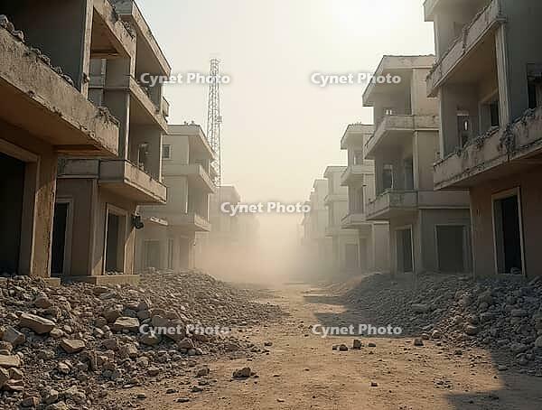 Destroyed buildings and dusty air filling ruined city street, AI generated [IBR125653437]