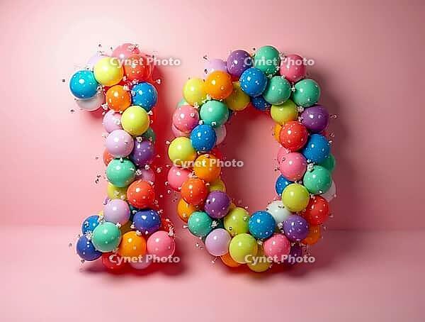 Number ten made of colorful balloons on a pink background, celebrating a tenth birthday or anniversary, AI generated [IBR125653438]