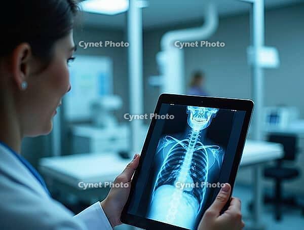 Female doctor examining a chest x-ray on a tablet in a modern hospital operating room, AI generated [IBR125653439]