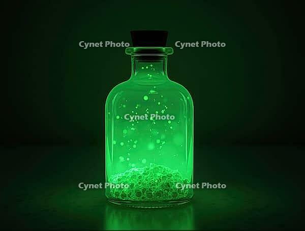 Open glass bottle with glowing green poison and cork lid on dark background, creating a mysterious and dangerous atmosphere, AI generated [IBR125653441]