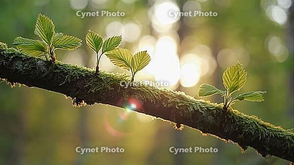 New leaves sprouting on a moss covered branch, illuminated by the warm glow of the setting sun, capture the essence of spring's renewal, AI generated [IBR125653446]