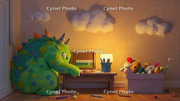 Cute imaginary monster drawing with crayons in a softly lit kid's bedroom, surrounded by toys and a warm atmosphere, AI generated [IBR125653447]