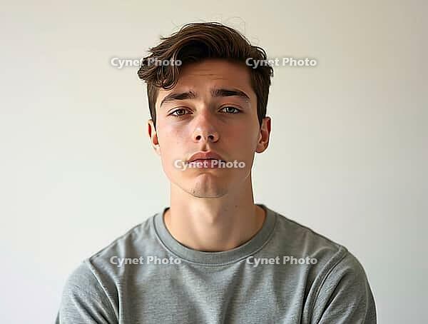 Portrait of disappointed teenage boy showing sadness and depression on a light color studio background, AI generated [IBR125653448]