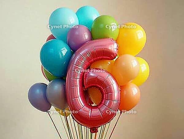 Colorful balloons and a big number six balloon celebrating a sixth birthday or anniversary, AI generated [IBR125653453]