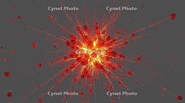 Bright red particles exploding from the center against a gray background, creating a dynamic and energetic visual, AI generated [IBR125653454]