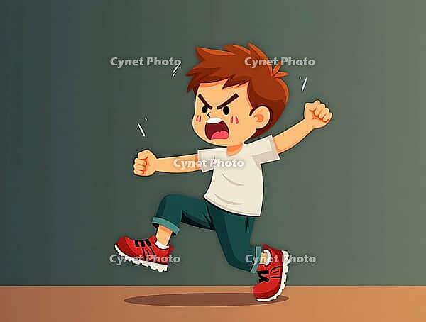 Furious kid running and screaming with closed fists and red cheeks, expressing rage and frustration, AI generated [IBR125653455]