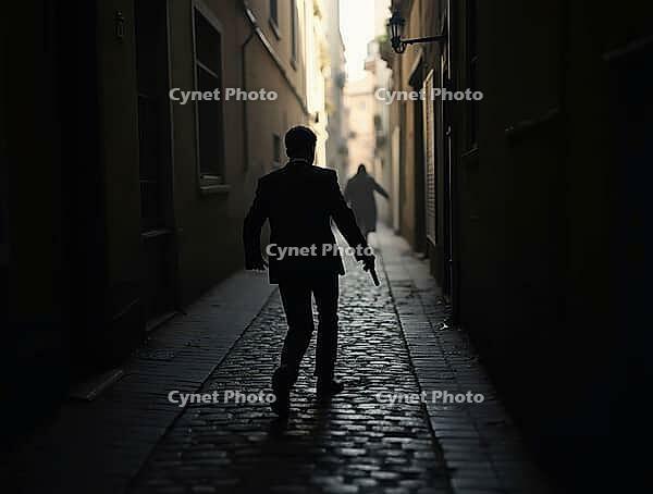 Undercover agent escaping through dark alley with gun, mysterious silhouette chasing, AI generated [IBR125653456]