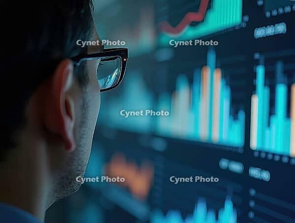 Businessman wearing glasses analyzing financial data reflected on lenses, monitoring charts and graphs displayed on multiple screens in a dark environment, AI generated [IBR125653457]