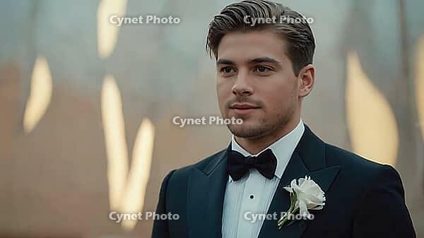 Portrait of a confident groom wearing a tuxedo with bow tie and boutonniere, looking away from the camera, AI generated [IBR125653460]