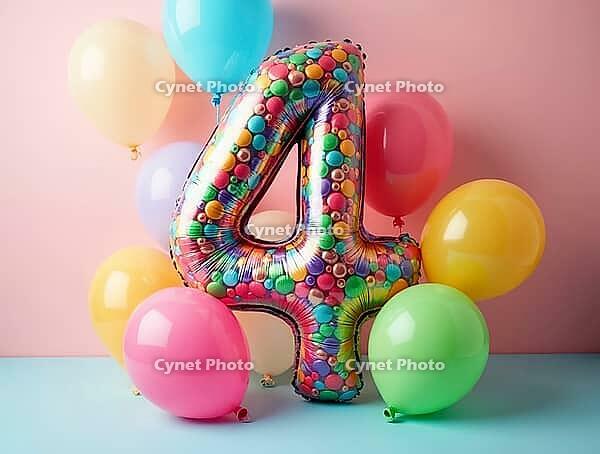 Number four shaped balloon and colorful balloons celebrating a fourth birthday party, AI generated [IBR125653461]