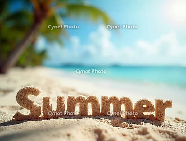 Sand letters spelling summer on a beautiful tropical beach with palm trees and turquoise water evoking vacation feelings, AI generated [IBR125653462]