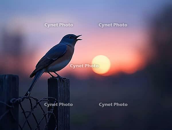 Nightingale Singing on Wooden Fence at Twilight, AI generated [IBR125653465]