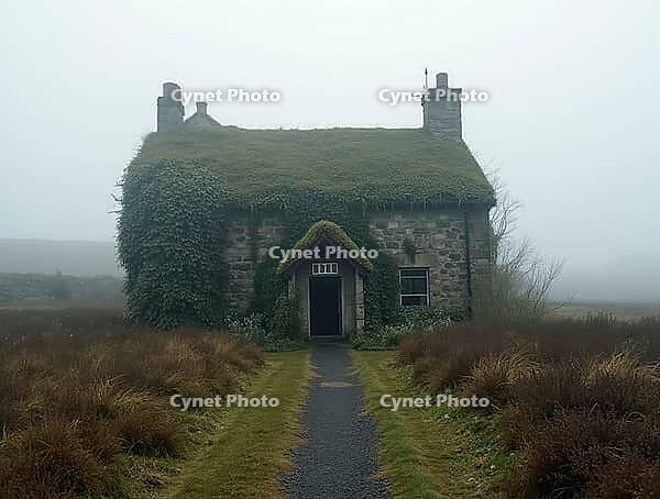Old stone cottage with a green roof and ivy-covered walls stands in the middle of a foggy moor, creating a mysterious and evocative scene, AI generated [IBR125653467]