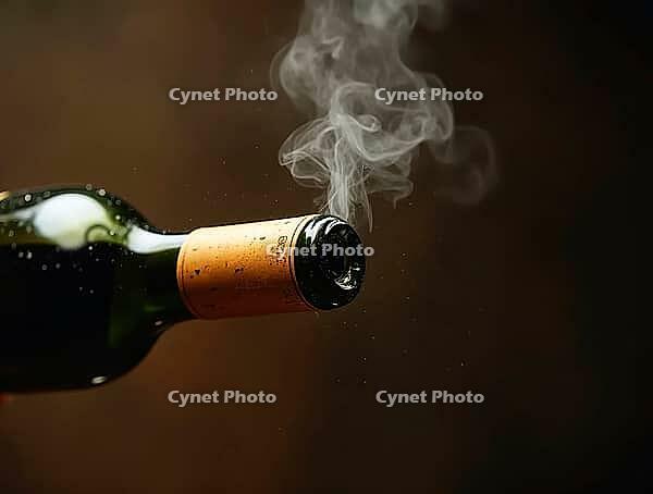 Wine bottle just opened with vapor escaping from the neck on a dark brown background, AI generated [IBR125653475]