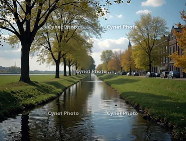 Serene canal flowing through a charming dutch town, adorned with vibrant autumn foliage and historic architecture, AI generated [IBR125653479]