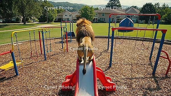 Majestic lion ascending a slide in a colorful playground, creating a surreal and captivating scene, AI generated [IBR125653480]