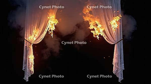 White curtains catching fire, creating a dramatic scene with smoke and sparks against a dark background, AI generated [IBR125653481]
