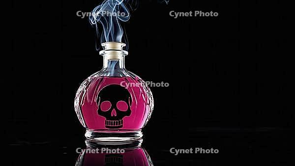 Smoke is coming out from a glass bottle containing pink poison with a skull symbol printed on it, reflecting on a dark background, AI generated [IBR125653485]