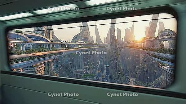 Futuristic sustainable city with skyscrapers and lush vegetation seen from train window at sunset, AI generated [IBR125653487]