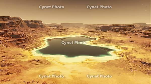Aerial view of a methane lake surrounded by canyons on the surface of Venus, reflecting the orange sky, AI generated [IBR125653492]