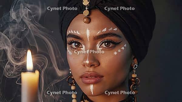 Close up portrait of a voodoo priestess with tribal makeup performing a ritual with a burning candle and mystical smoke, AI generated [IBR125653495]