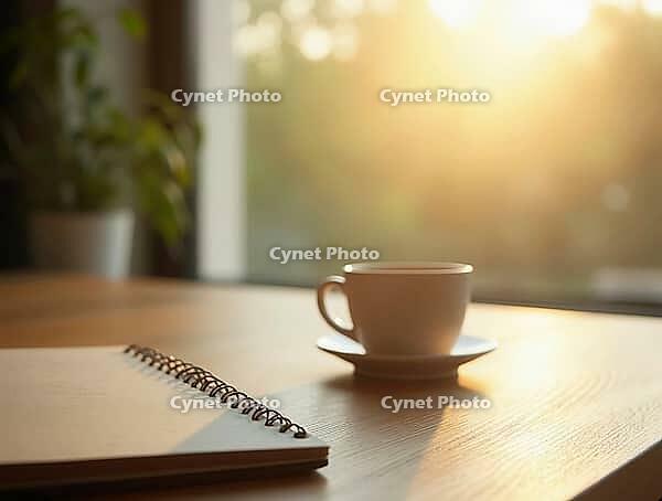 Coffee cup sits on a wooden desk near a sunlit window, next to an open notebook, creating a peaceful morning or evening scene, AI generated [IBR125653497]