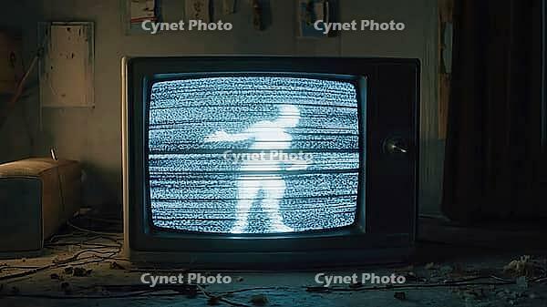 Ghostly figure emerging from static noise on vintage television screen in a dimly lit, eerie room, creating a chilling and paranormal atmosphere, AI generated [IBR125653499]