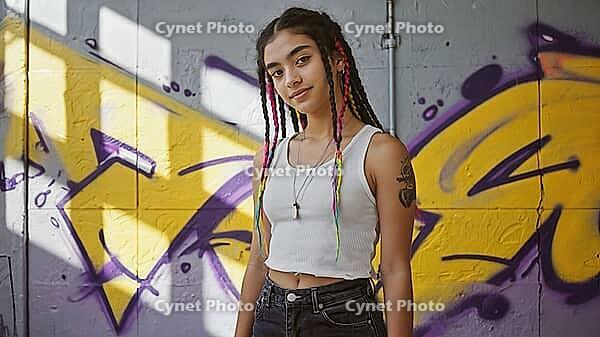 Portrait of a young woman with colorful braids and a tattoo standing in front of a graffiti wall, showcasing urban style and individuality, AI generated [IBR125653503]