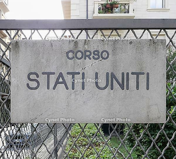 Corso Stati Uniti translation United States boulevard road sign in Turin, Italy [IBR125654762]
