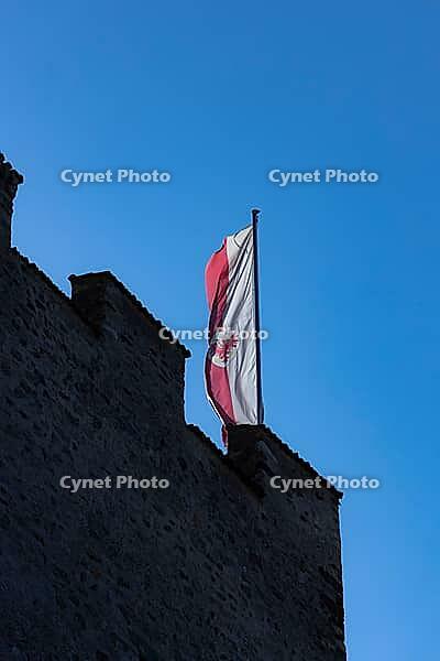 Flag of South Tyrol on a tower fluttering in the wind [IBR125654792]