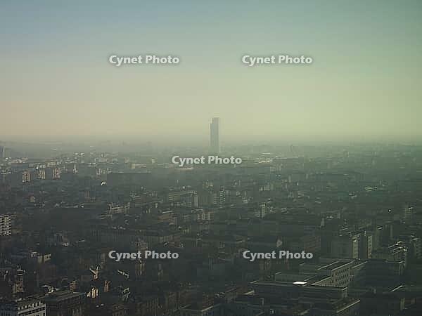 Aerial view of the city of Turin, Italy with smog [IBR125654824]