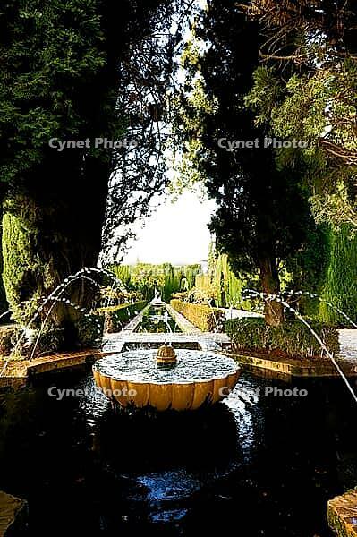 A round stone fountain with water fountains stands in the middle of a historic garden framed by tall cypress trees, Generalife, Alhambra, Granada, Granada province, Andalusia, Spain [IBR125657383]
