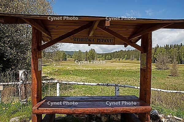High moor landscape Haidmühle resting stand made of wood in front of meadow with tree backdrop and sky with white clouds, Haidmühle, Bavaria, Germany [IBR125657408]