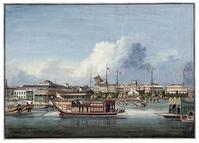 China: 'The Hongs or Foreign Factories by the Pearl River in Canton'. Gouache on Vellum. Anonymous German painter, 1850. [UIG110170944]