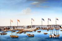 China: The foreign factories with their respective flags by Canton Harbour, c. 1805. Reverse painting on glass by a Chinese artist. [UIG110170977]