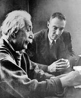 Albert Einstein with Robert Oppenheimer. [UIG110170996]